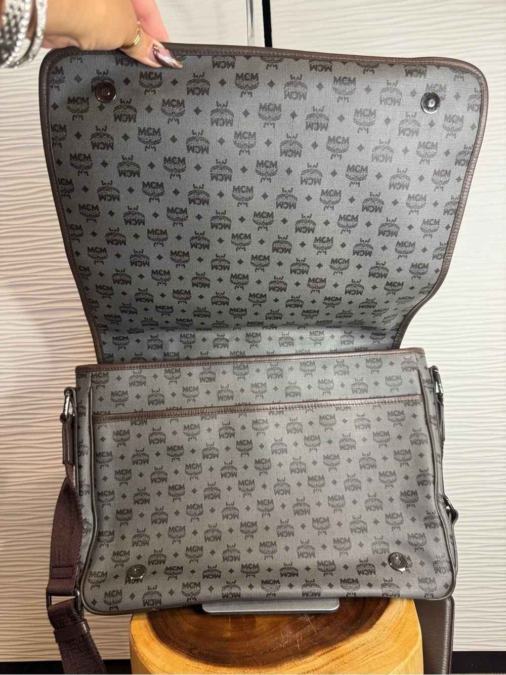MCM Gray Monogram Laptop Messenger Bag